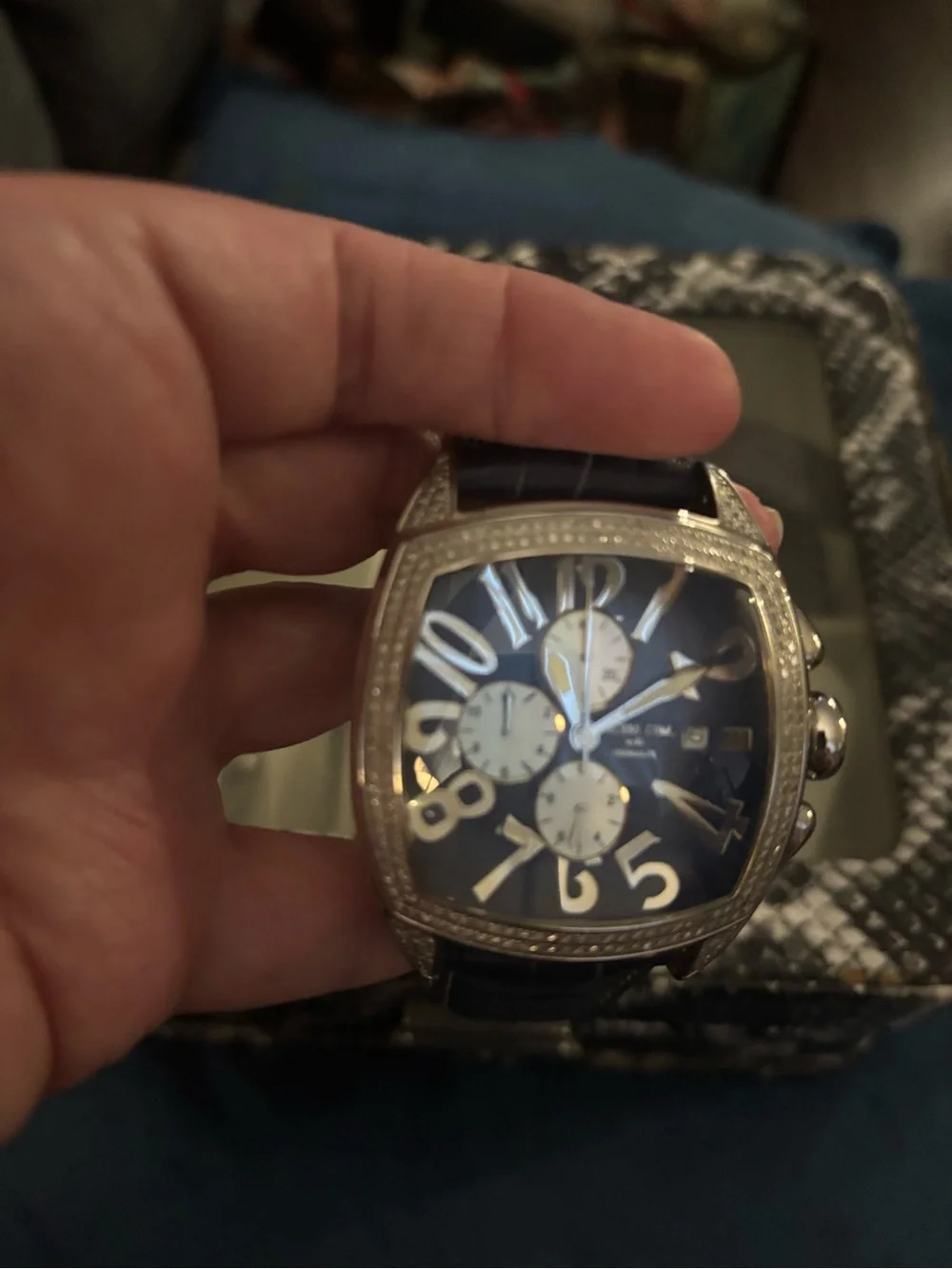 Stunning 4 ct Diamond Techno Com by KC Stainless Watch, Navy Blue Croc Strap